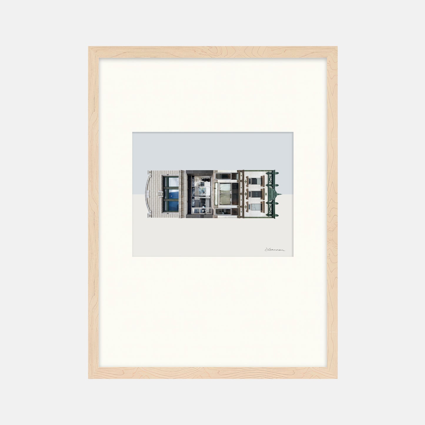 Framed architectural drawing of a building on a white background