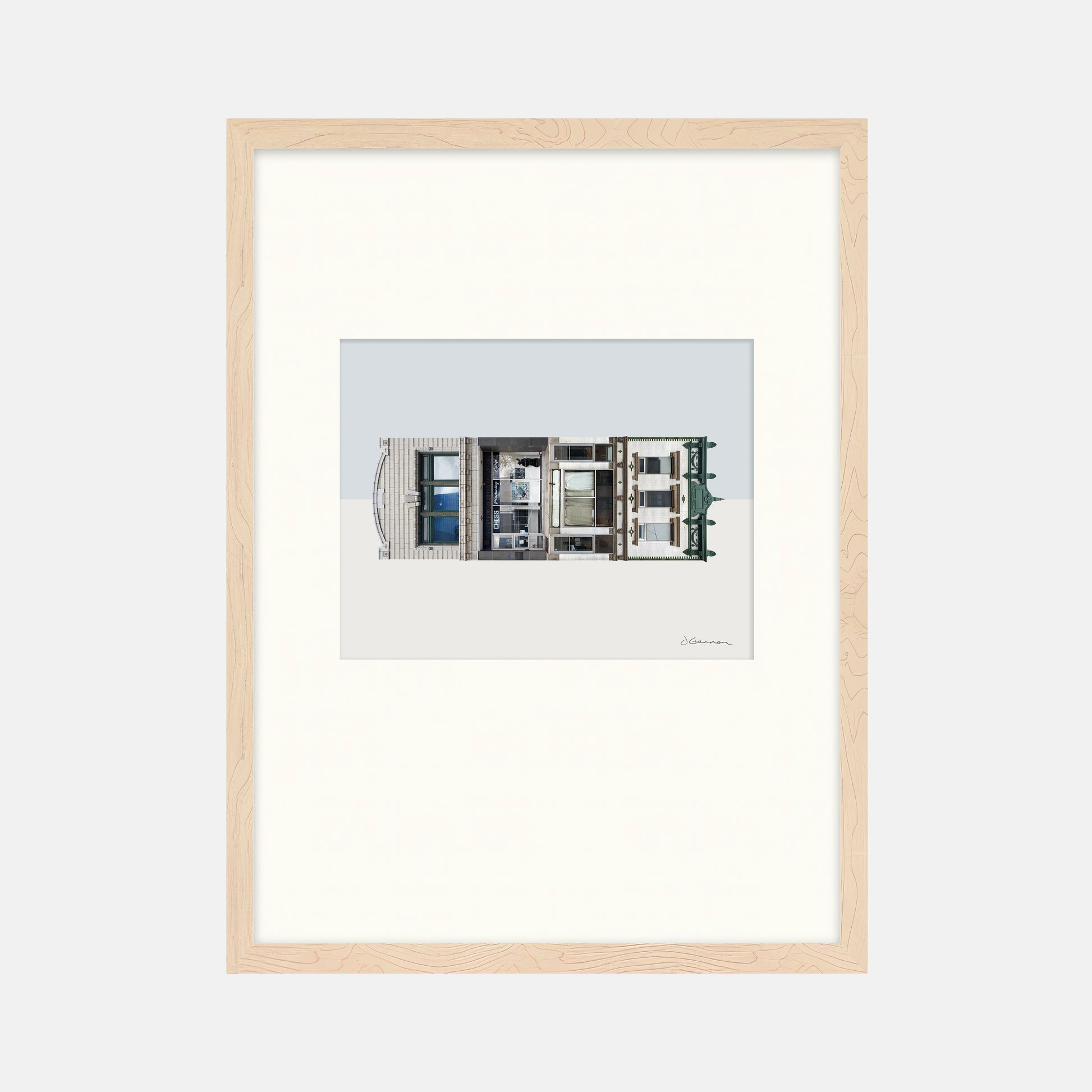 Framed architectural drawing of a building on a white background