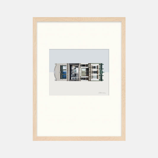 Framed architectural drawing of a building on a white background