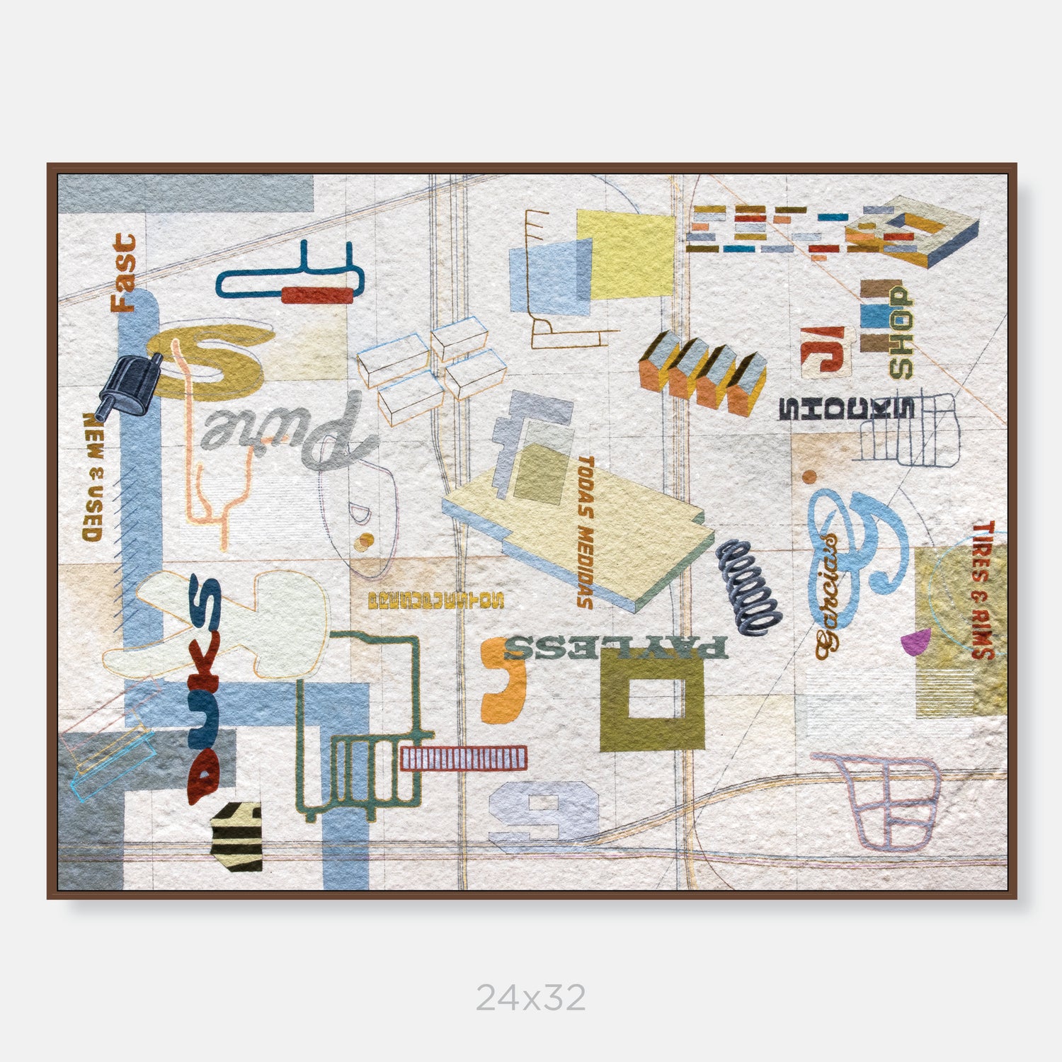 A framed abstract mixed-media art print featuring a collage of vintage typewriter keys, gears, springs, and text elements in muted blue, yellow, green, orange, and brown tones on a textured off-white background. The print is presented within a thin dark brown frame against a light gray background, with '24x32' printed below.